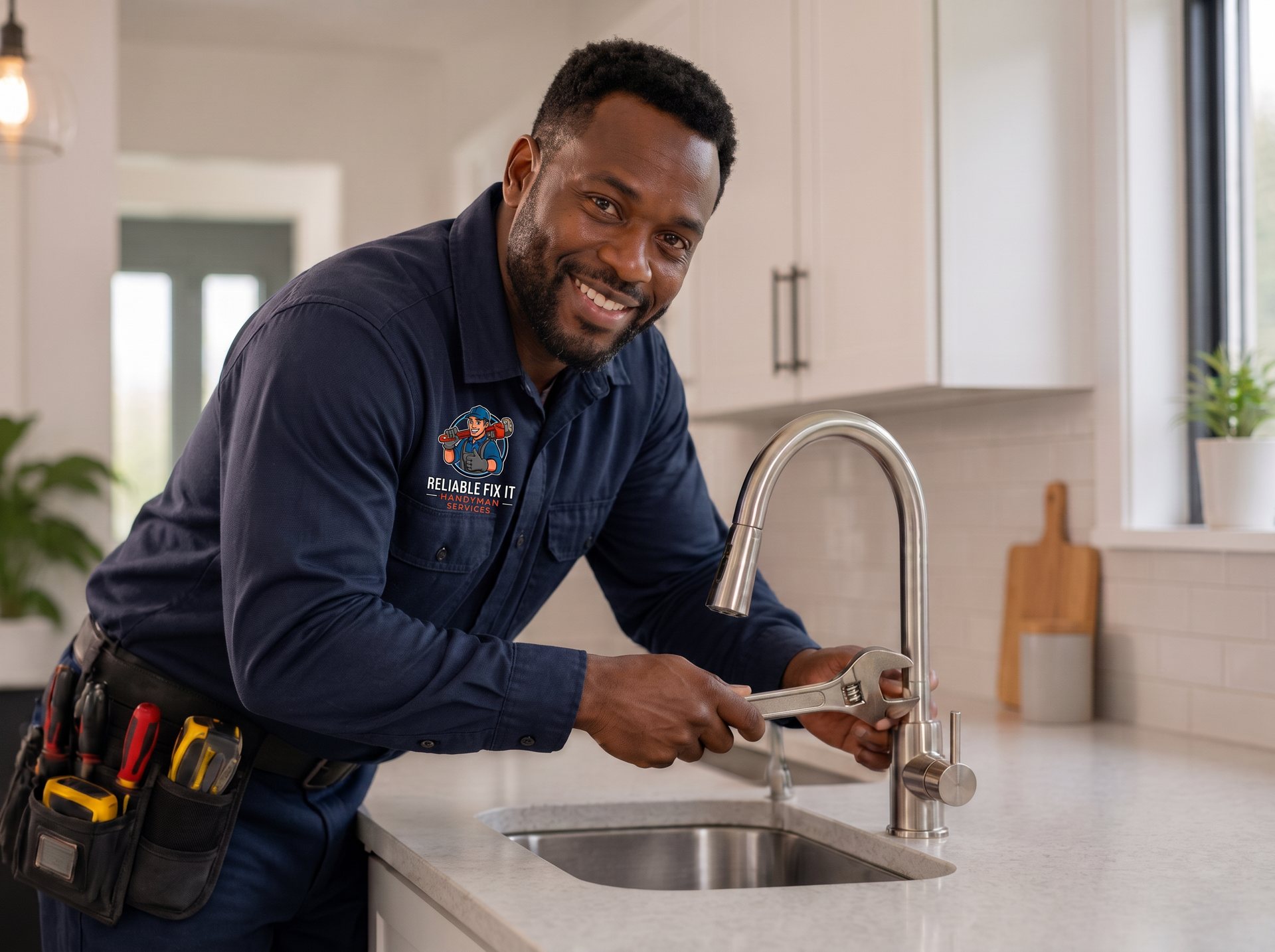 Reliable Fix It handyman at work in a customer's kitchen