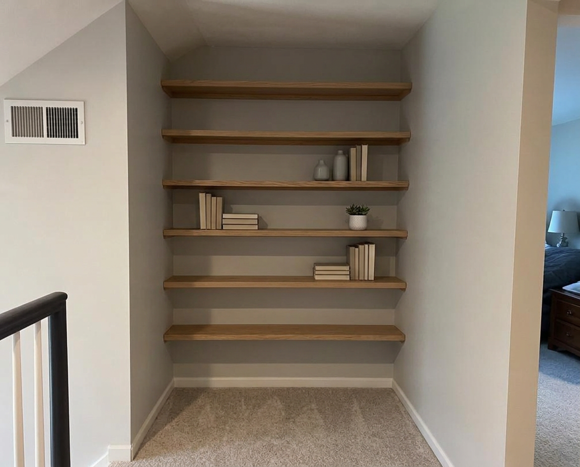 After: Solid built in shelves, level and anchored to studs. in Joshua Creek, Oakville